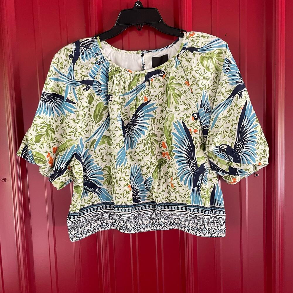 Alex Marie Top Bondi Linen Blend Short‎ Sleeve Crew Neck Sz XL Bird Tropical